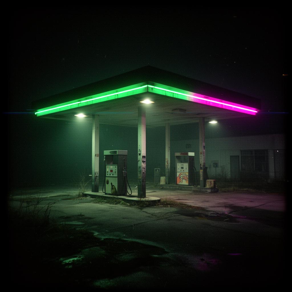 Abandoned neon gas station, recovered archive still